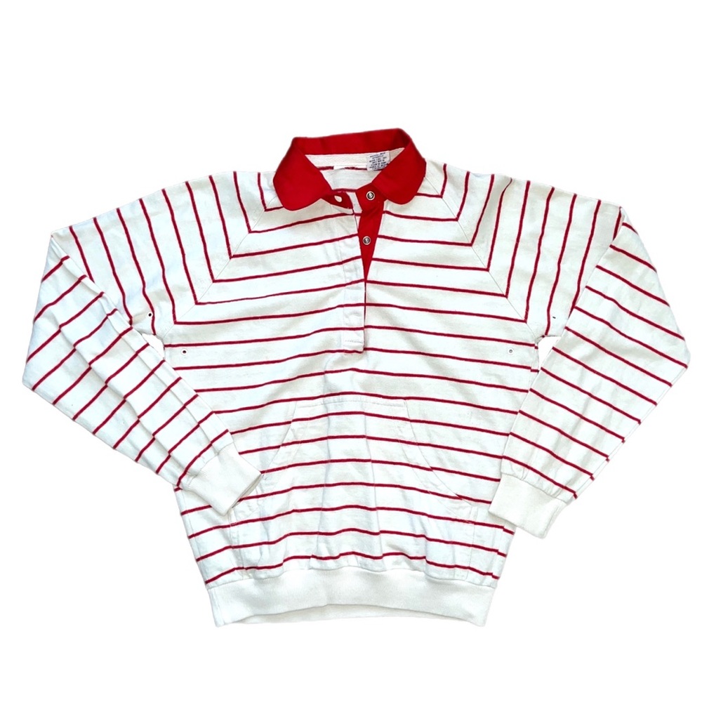 70s TRUE VINTAGE white snap neck red striped kangaroo pocket pullover sweatshirt